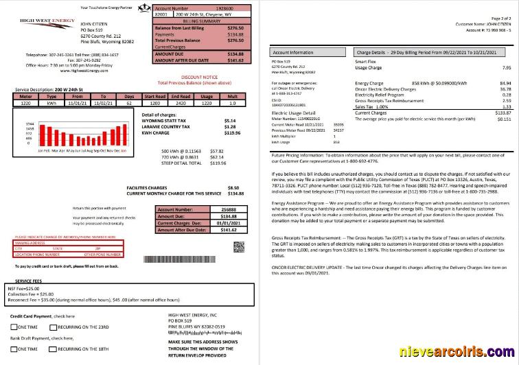 USA Wyoming High West Energy utility bill 2 pages